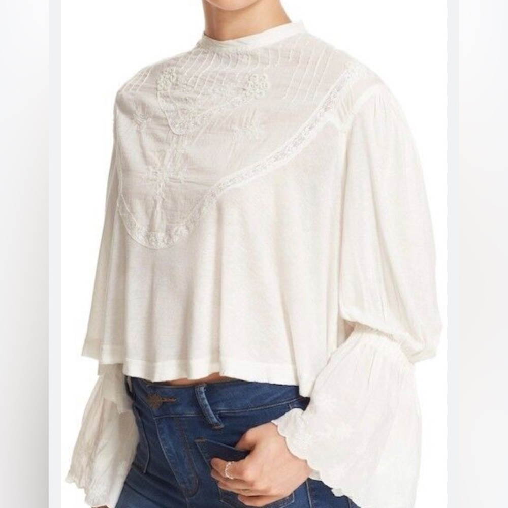 Free People White Victorian Boho Embroidered Bell Sleeve Top